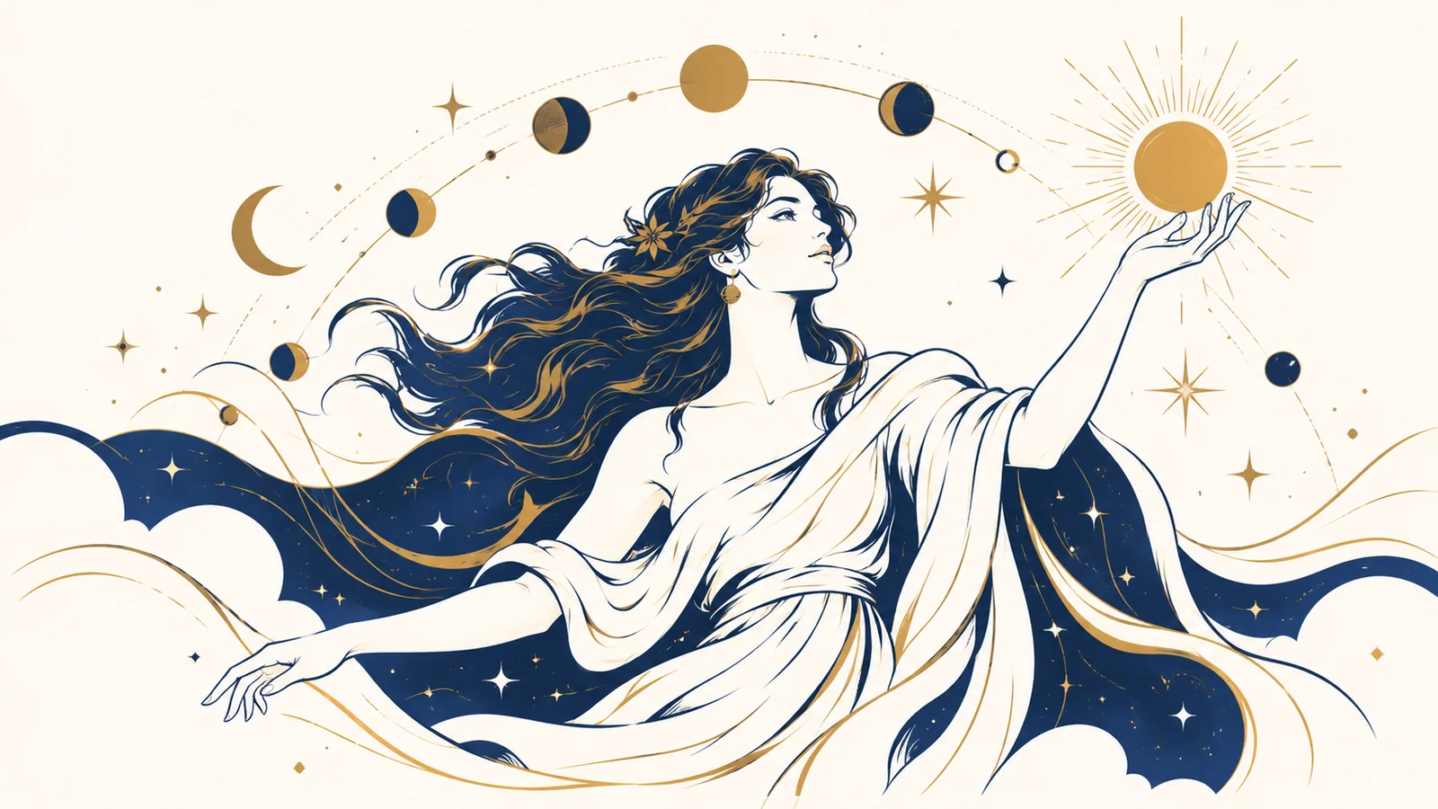 Une déesse céleste tient un soleil doré parmi les phases de la Lune