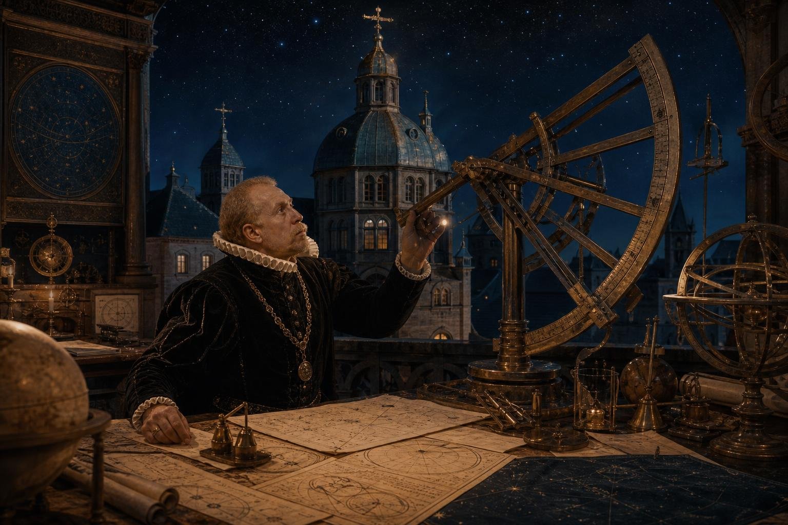 Un savant de la Renaissance inspiré de Tycho Brahe observe le ciel nocturne avec un grand instrument astronomique, entouré de calculs et de cartes célestes, devant une architecture évoquant Uraniborg.