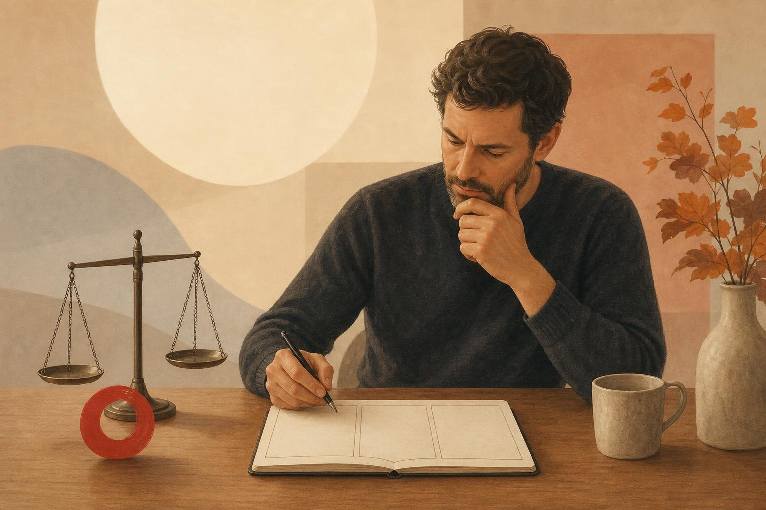 Eine Person sitzt an einem Tisch vor einem Notizbuch mit drei leeren Feldern; daneben stehen eine schlichte Waage und ein kleiner roter Kreis als Symbol für Eigeninitiative.
