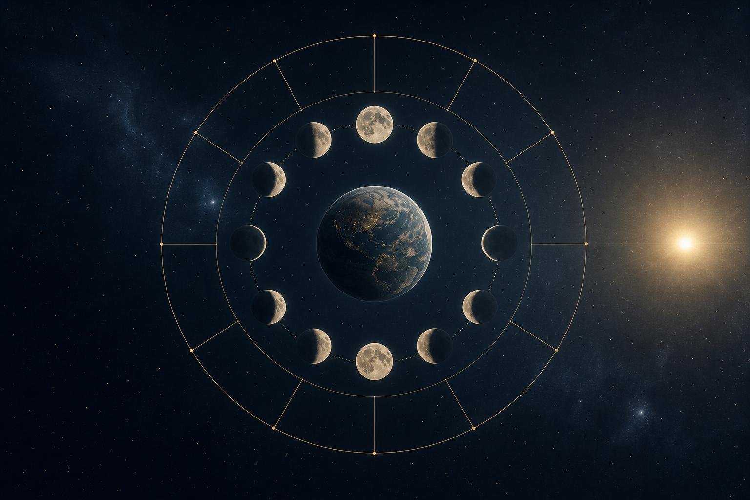 Illustrazione della Terra e della Luna in diverse fasi, con il Sole in lontananza e un cerchio suddiviso in dodici settori astrologici uguali, nei toni blu notte, crema e oro tenue.