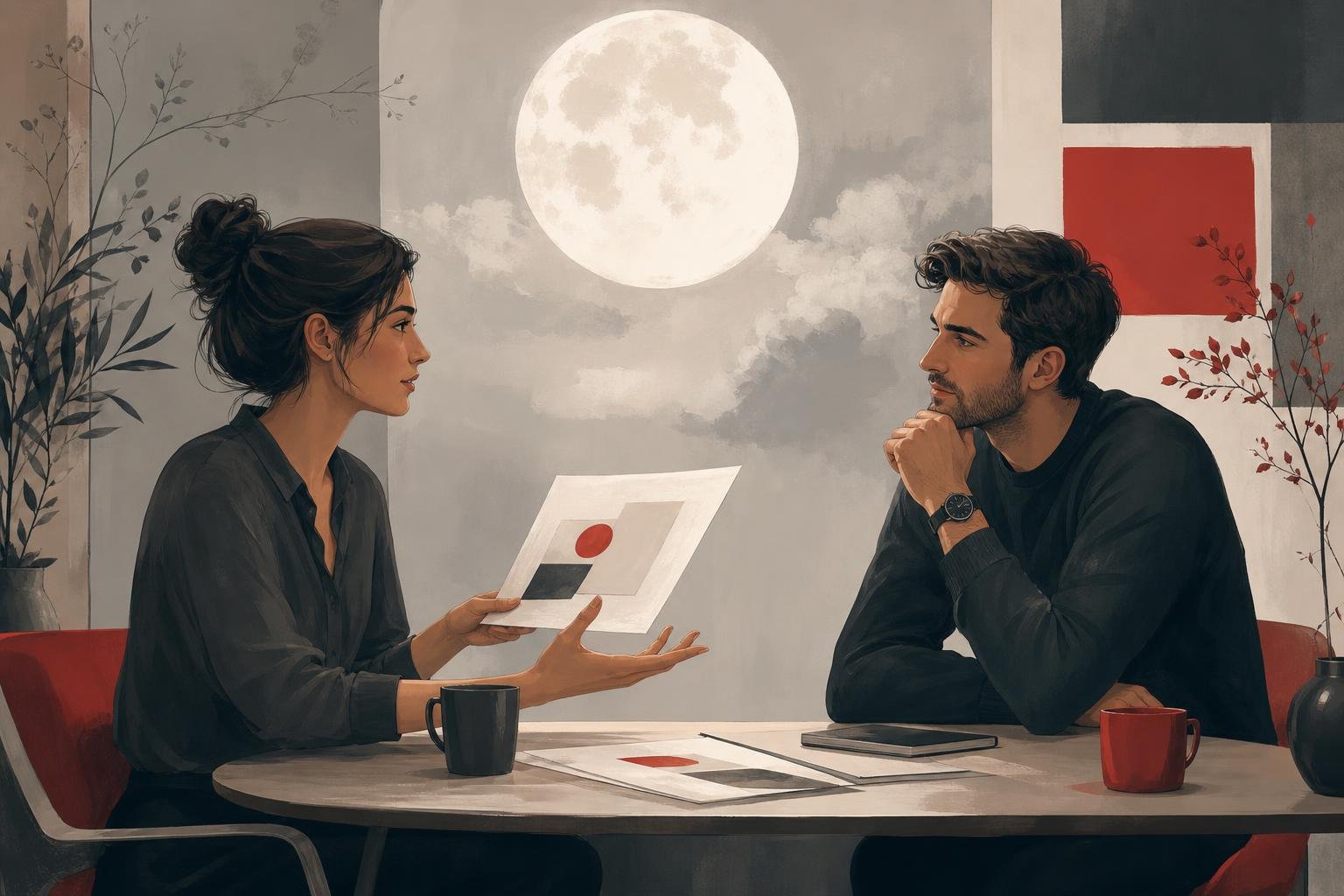 Due persone sedute allo stesso tavolo dialogano con calma: una presenta una proposta e l’altra ascolta, mentre sullo sfondo compare una delicata Luna piena.