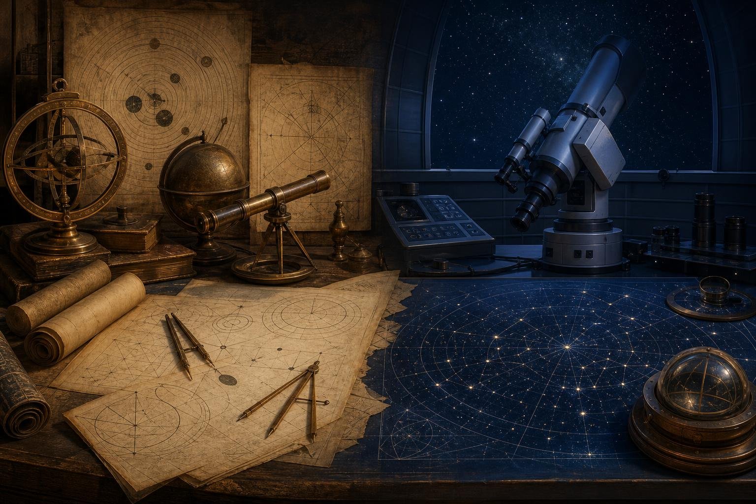 Tavolo di studio che passa dagli strumenti astronomici storici e dalle orbite disegnate a mano a un telescopio e a moderne apparecchiature da osservatorio, con calcoli geometrici e una carta simbolica del cielo visivamente distinti.