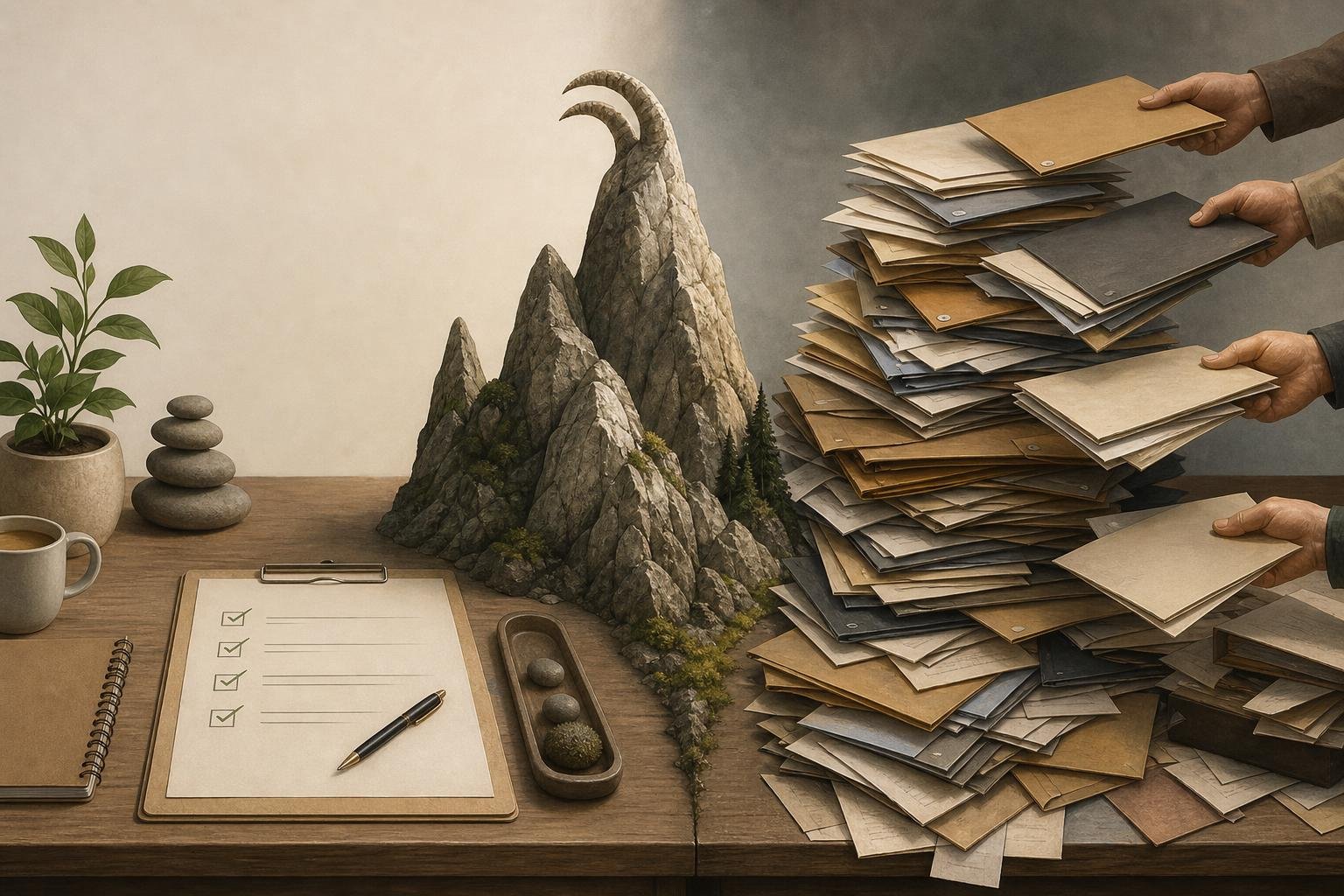 Editorial illustration of a divided desk, with an orderly plan and a stable mountain on one side and overflowing folders and hands passing over more work on the other, in calm earth tones with subtle goat horns in the mountain shape