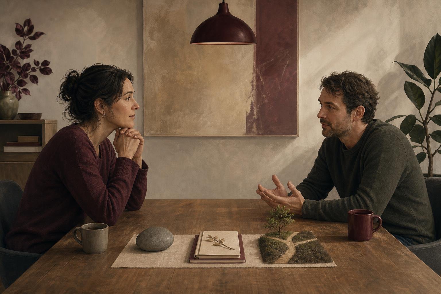 Two adults having a calm conversation across a simple table, with a smooth stone, neatly arranged notes and a branching path symbolising calm, clarity and a considered next step.