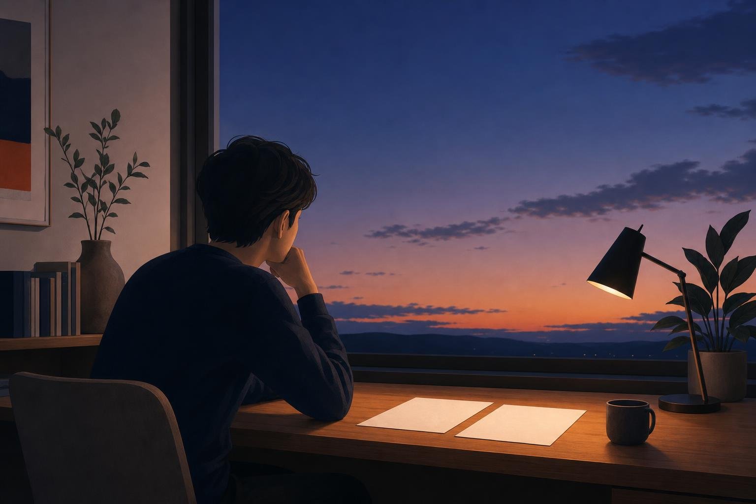 A person sits at a table with two blank sheets of paper against a calm evening sky, in a balanced composition of warm and cool tones.