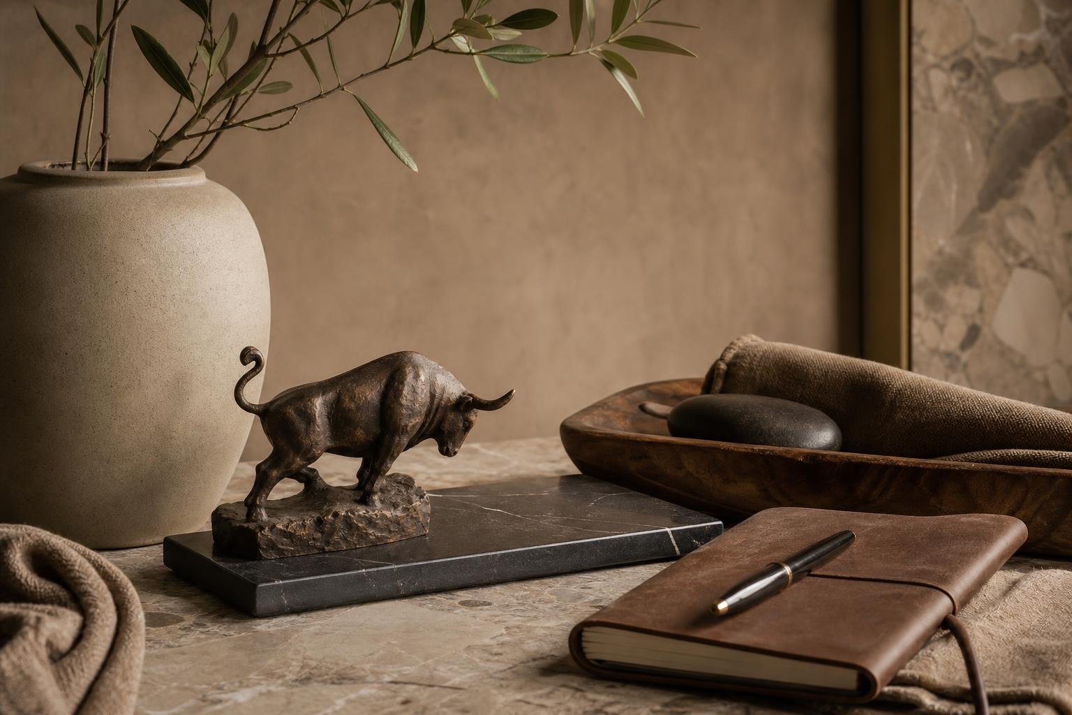 Elegant editorial still life with a sturdy ceramic vessel, natural materials, selected everyday objects and a small sculpted bull detail in soft earthy light
