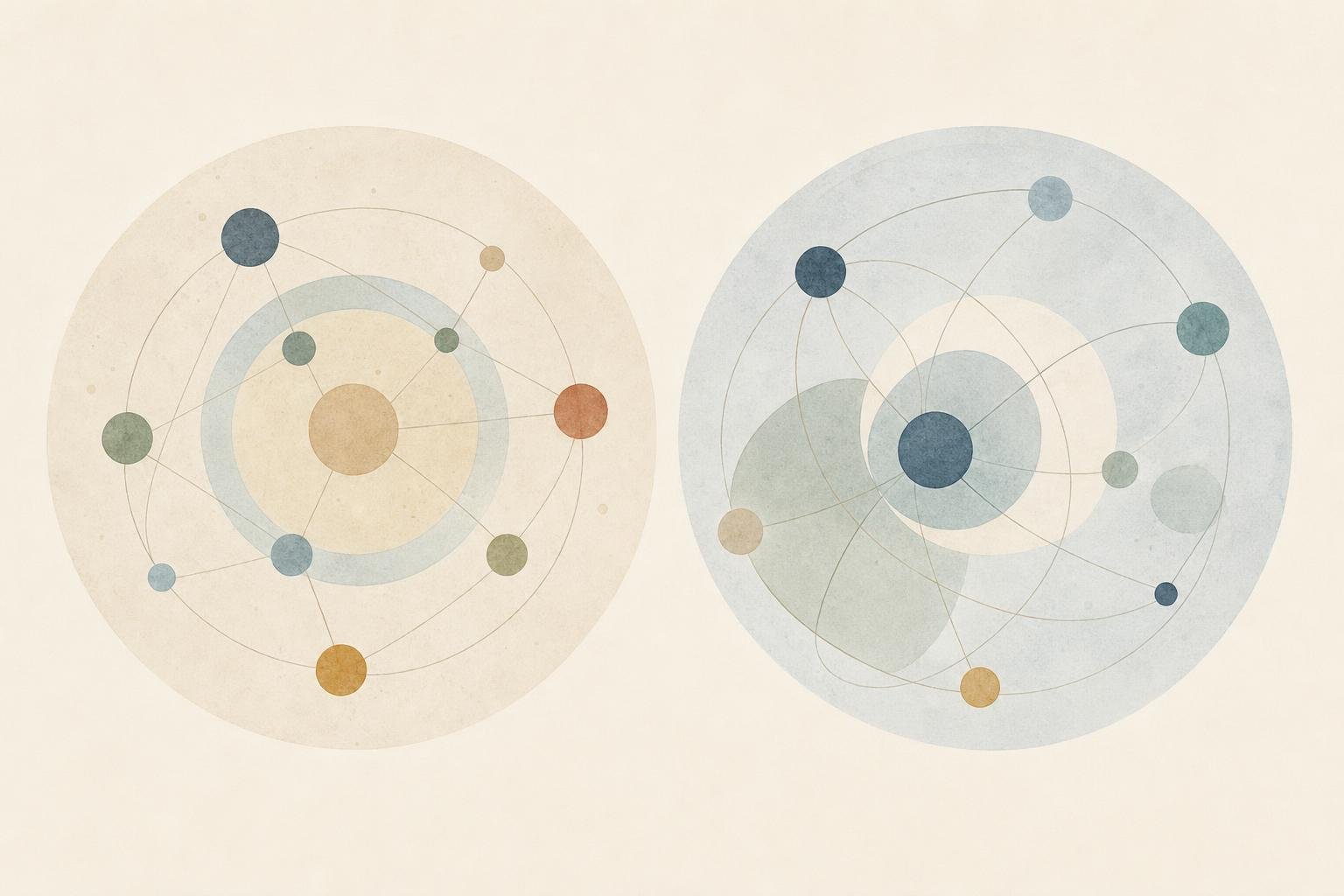 Due diagrammi circolari astratti affiancati, con punti e linee sottili su uno sfondo dai colori tenui.