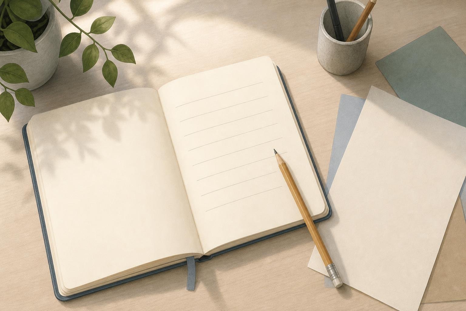 Una scrivania con un quaderno aperto, sette righe vuote, una matita e alcuni fogli sparsi.