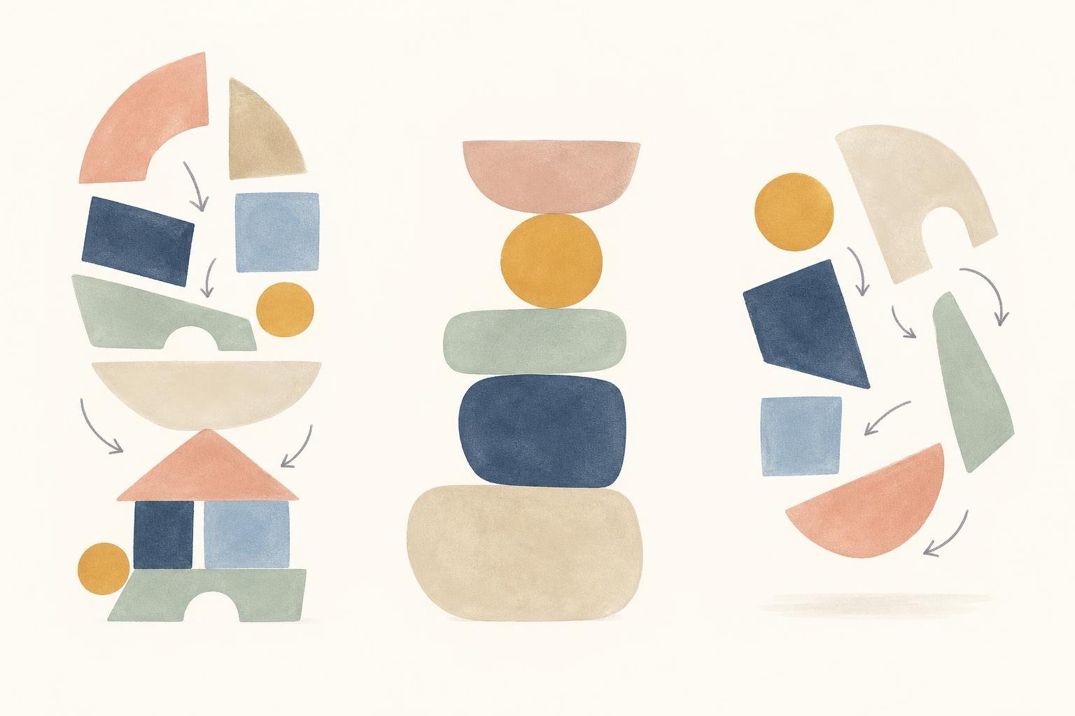 Three abstract arrangements side by side: one taking shape, one holding a steady structure and one shifting into a new configuration.