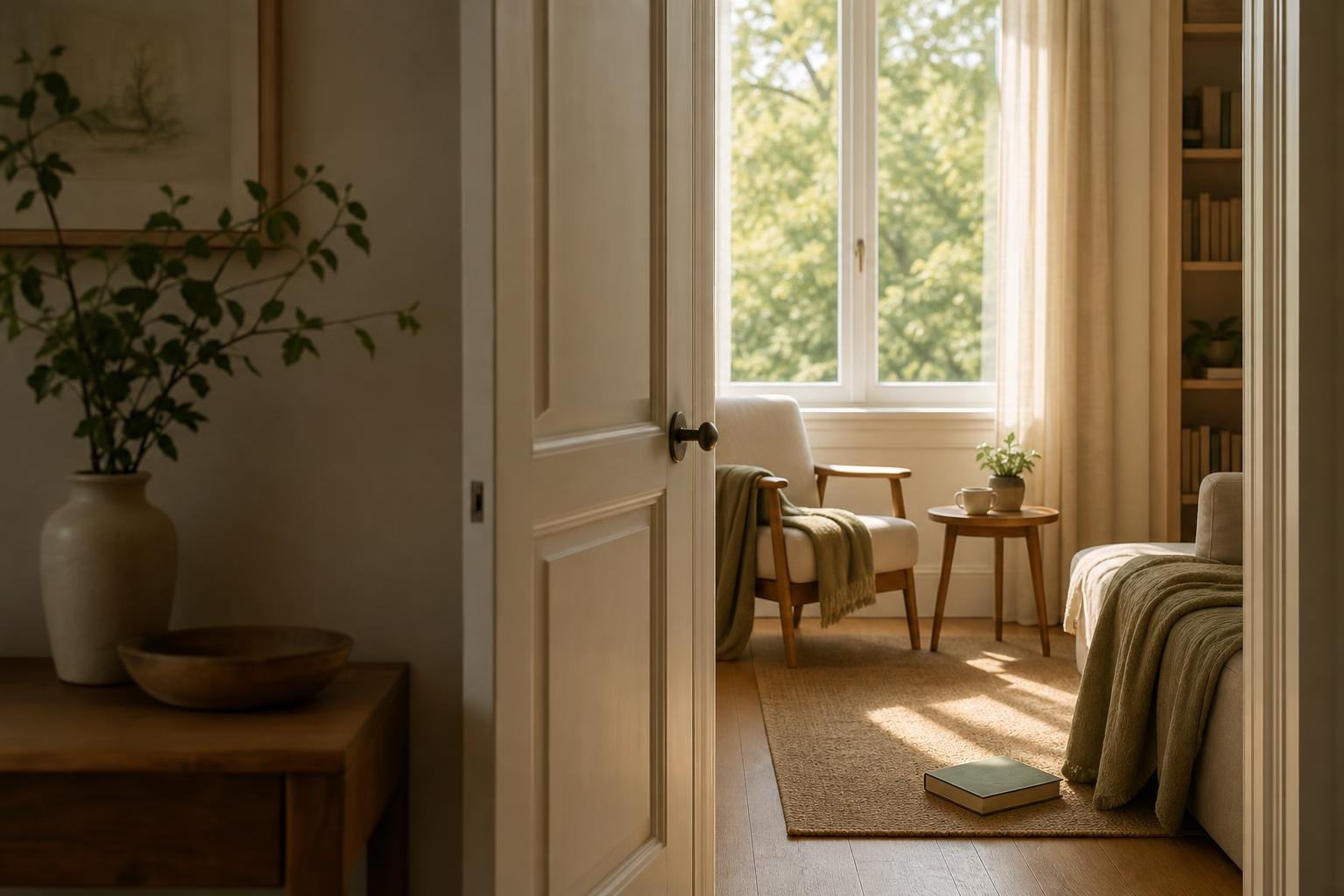 Puerta entreabierta de una habitación tranquila, con luz de día, una silla junto a la ventana y un libro apoyado cerca.