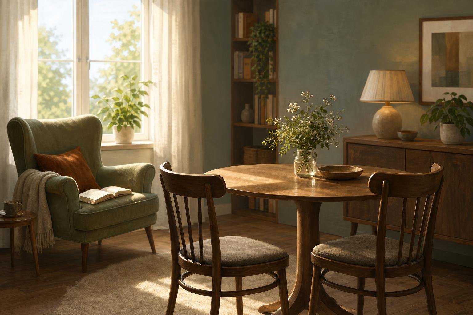 A quiet room in daylight, with two chairs ready for visitors and a comfortable armchair beside a window.