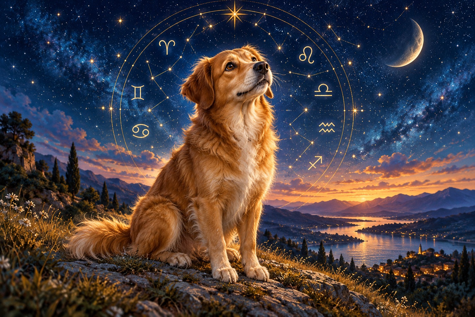 Perro dorado bajo un cielo estrellado con delicados motivos zodiacales dorados