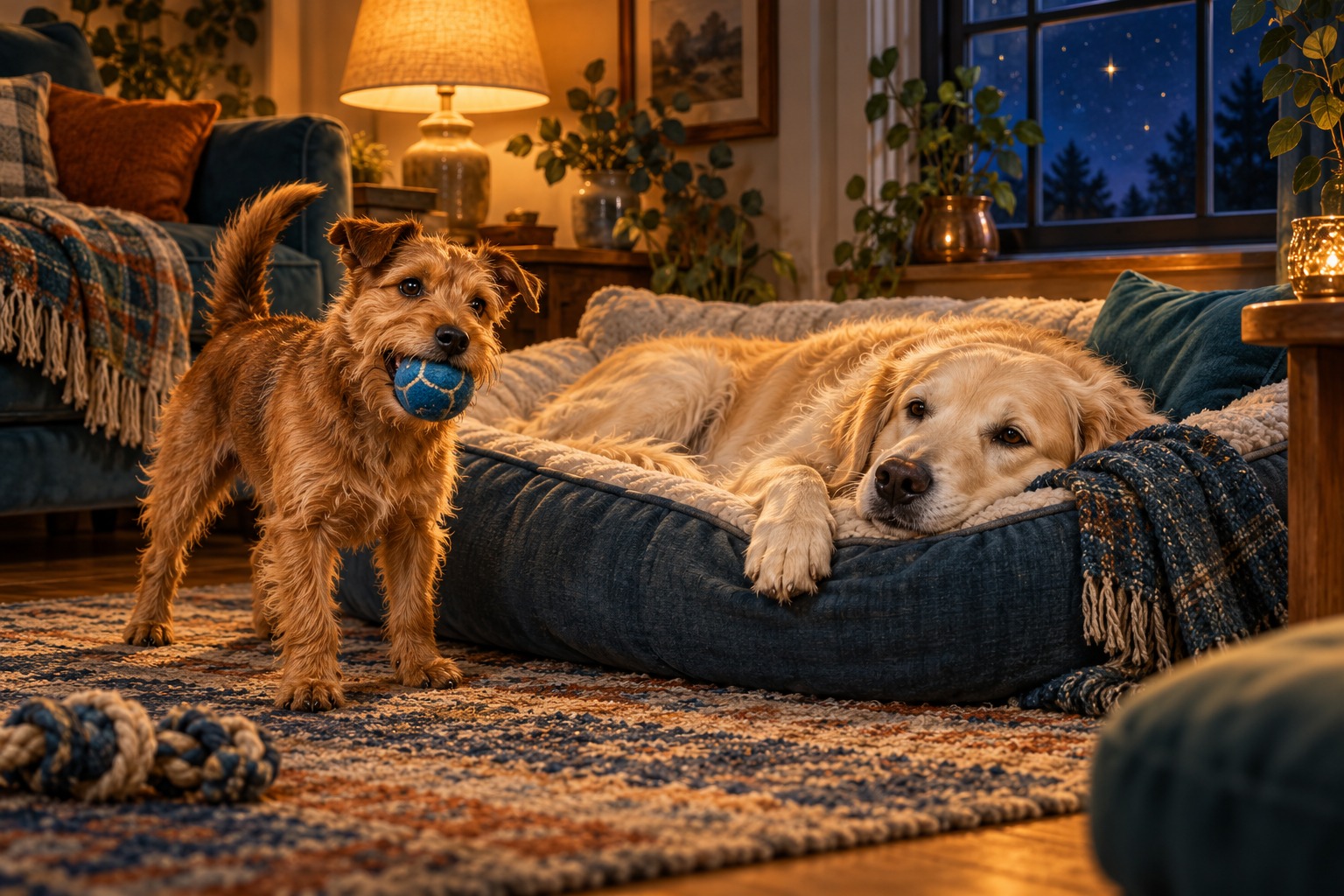 Terrier con una pelota azul junto a un perro claro descansando en una cama blanda