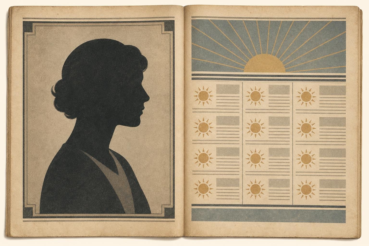 An open 1930s-style newspaper with a portrait silhouette on one page and rows of small sun motifs on the other; muted colours and no legible text.