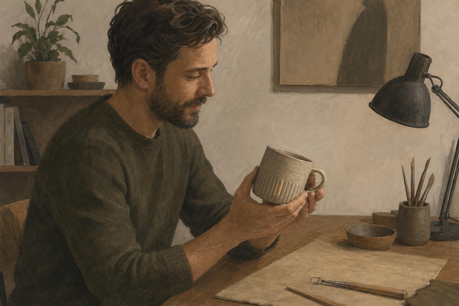 A person at a desk considers a small handmade object, with one detail gently highlighted while the finished object remains clearly usable.