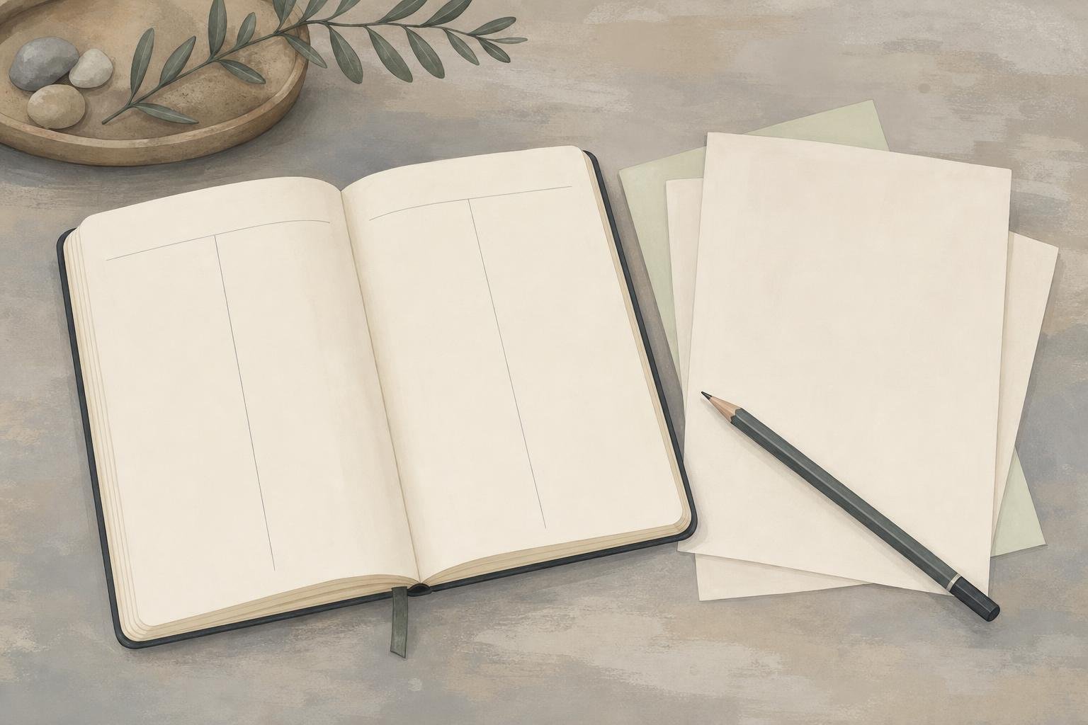 Offenes Notizbuch mit zwei leeren Spalten, daneben lose Blätter und ein Bleistift