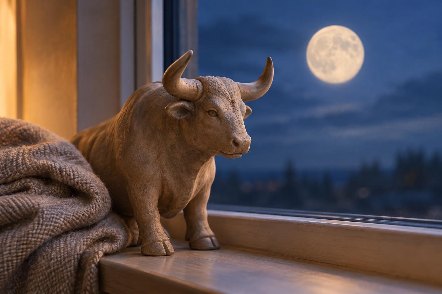 Un toro de cerámica junto a una tela suave sobre el alféizar, con la luna llena al fondo y un tenue resplandor cálido en el interior.