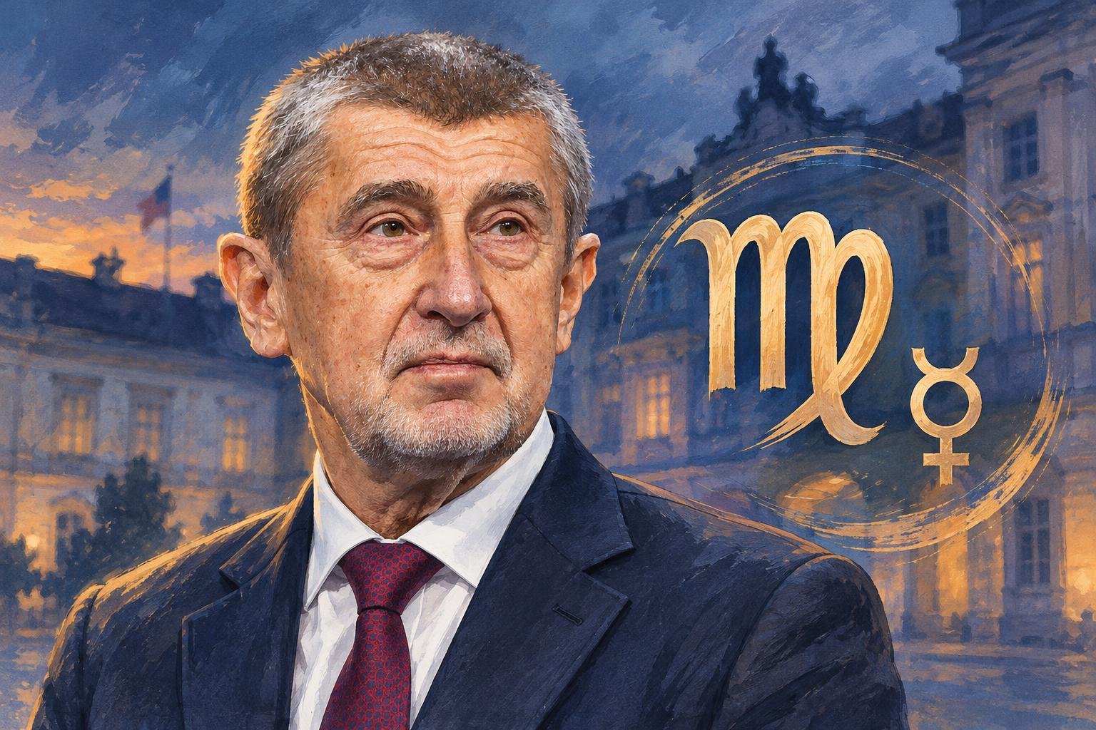 Maľovaný portrét Andreja Babiša so symbolmi Panny a Merkúra pred štylizovanou vládnou budovou za súmraku.