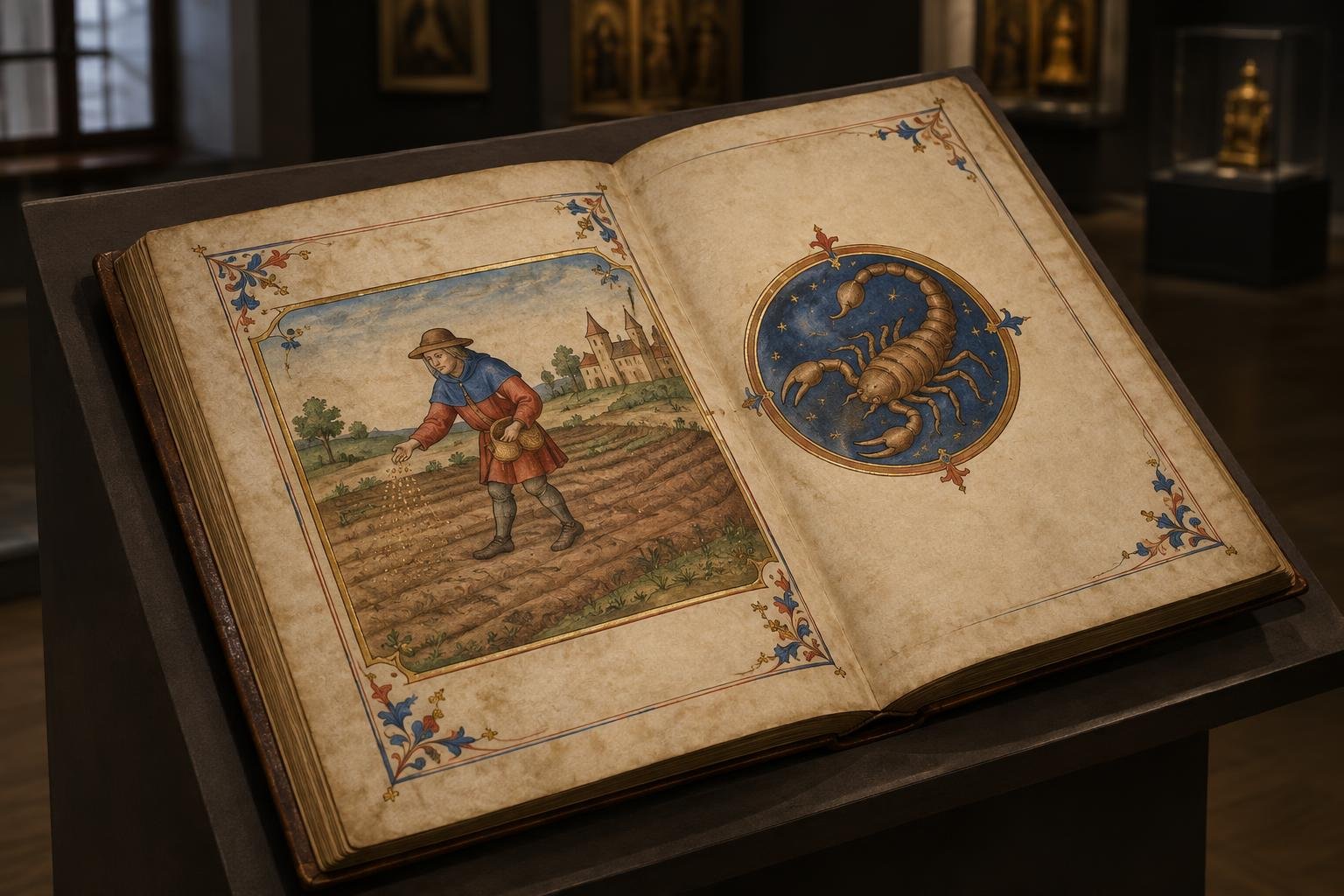 Illustration libre d’un manuscrit ouvert sur un support de musée, avec un semeur et un médaillon représentant un scorpion.