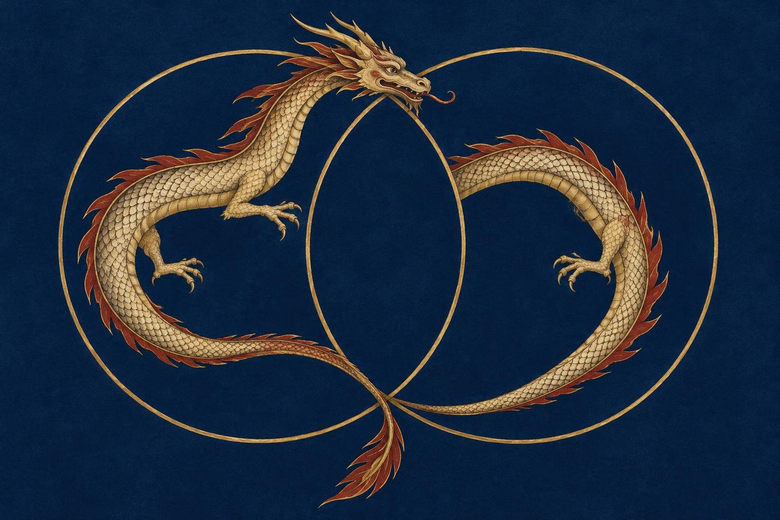 Un drago slanciato intrecciato a due circonferenze dorate su fondo blu scuro, con la testa e la coda accanto ai due punti d’intersezione.