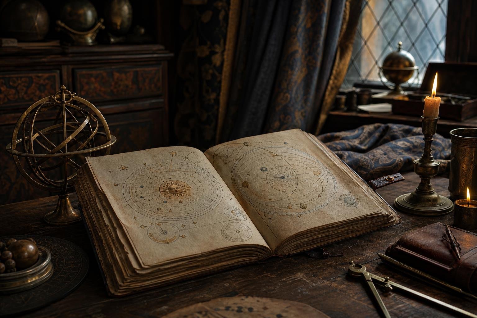 Manoscritto aperto con discreti disegni astronomici su un tavolo in uno studio di corte poco illuminato